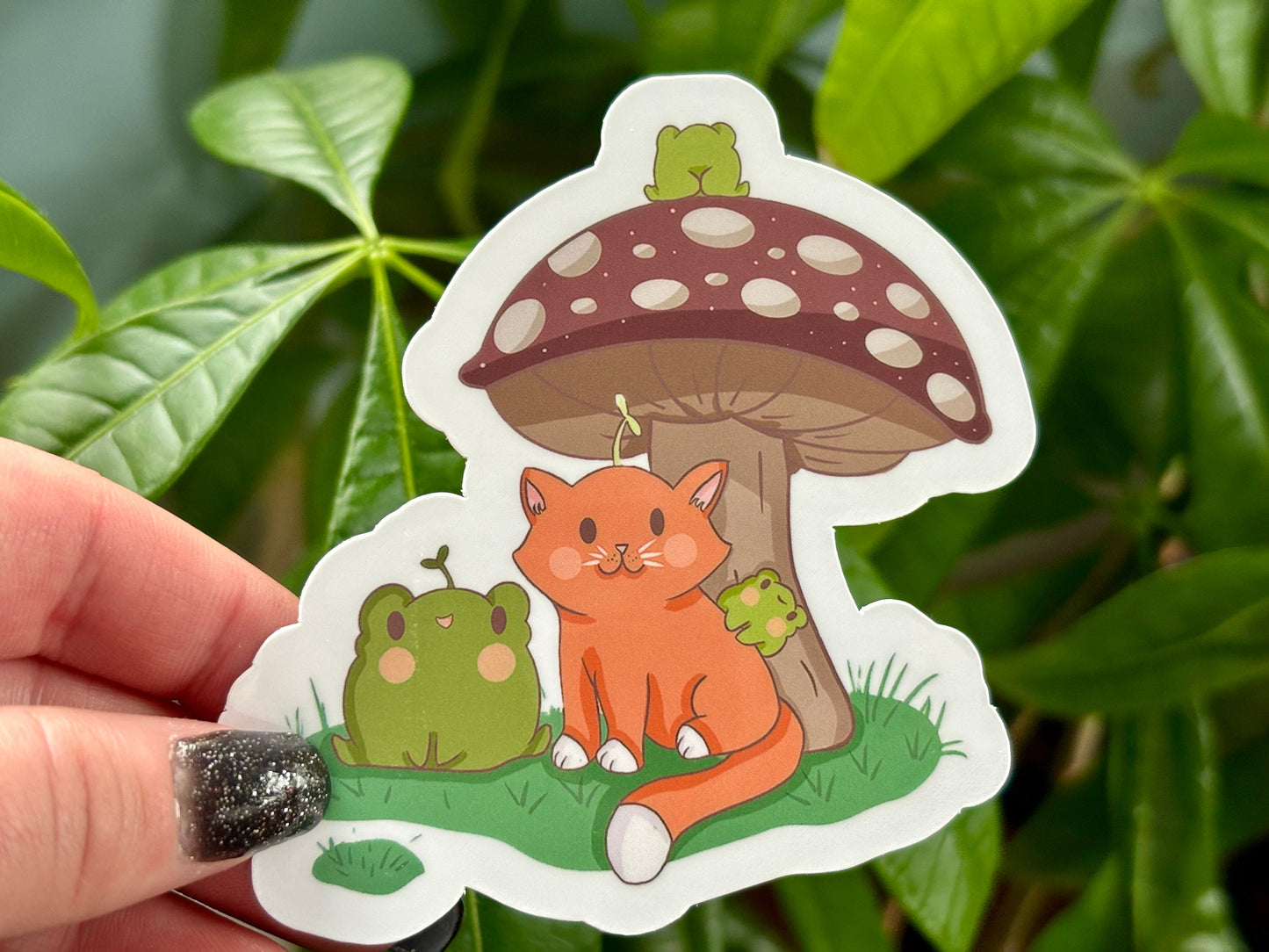 Chunky Frog and Cat Vinyl Sticker | Kawaii Mushroom Friends