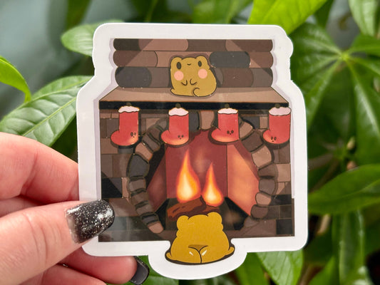 Kawaii Frog Christmas Sticker | Cozy Fireplace Vinyl Decal