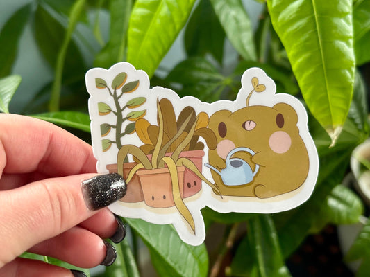 Cute Frog Watering Plants Sticker | Waterproof Vinyl Design
