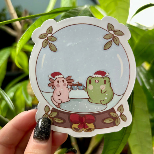 Froggy Snow Globe Sticker | Kawaii Axolotl Christmas Vinyl Sticker