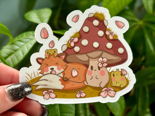 Fox and Frog Waterproof Sticker | Cherry Blossom, Kawaii Cottagecore