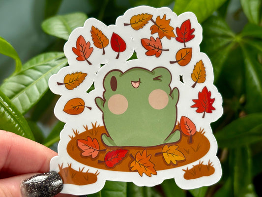 Kawaii Frog Sticker | Autumn Leaves Vinyl Decal