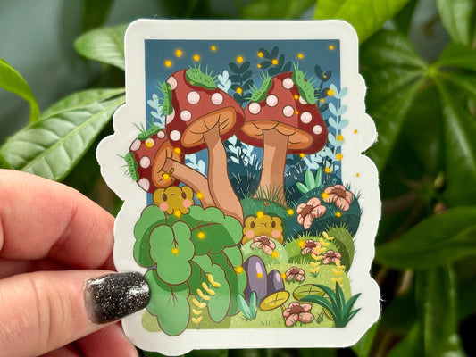 Mushroom Frog Vinyl Sticker | Cottagecore Firefly Art