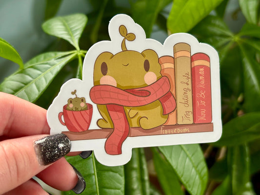 Kawaii Frog Vinyl Sticker | Cottagecore Bookworm
