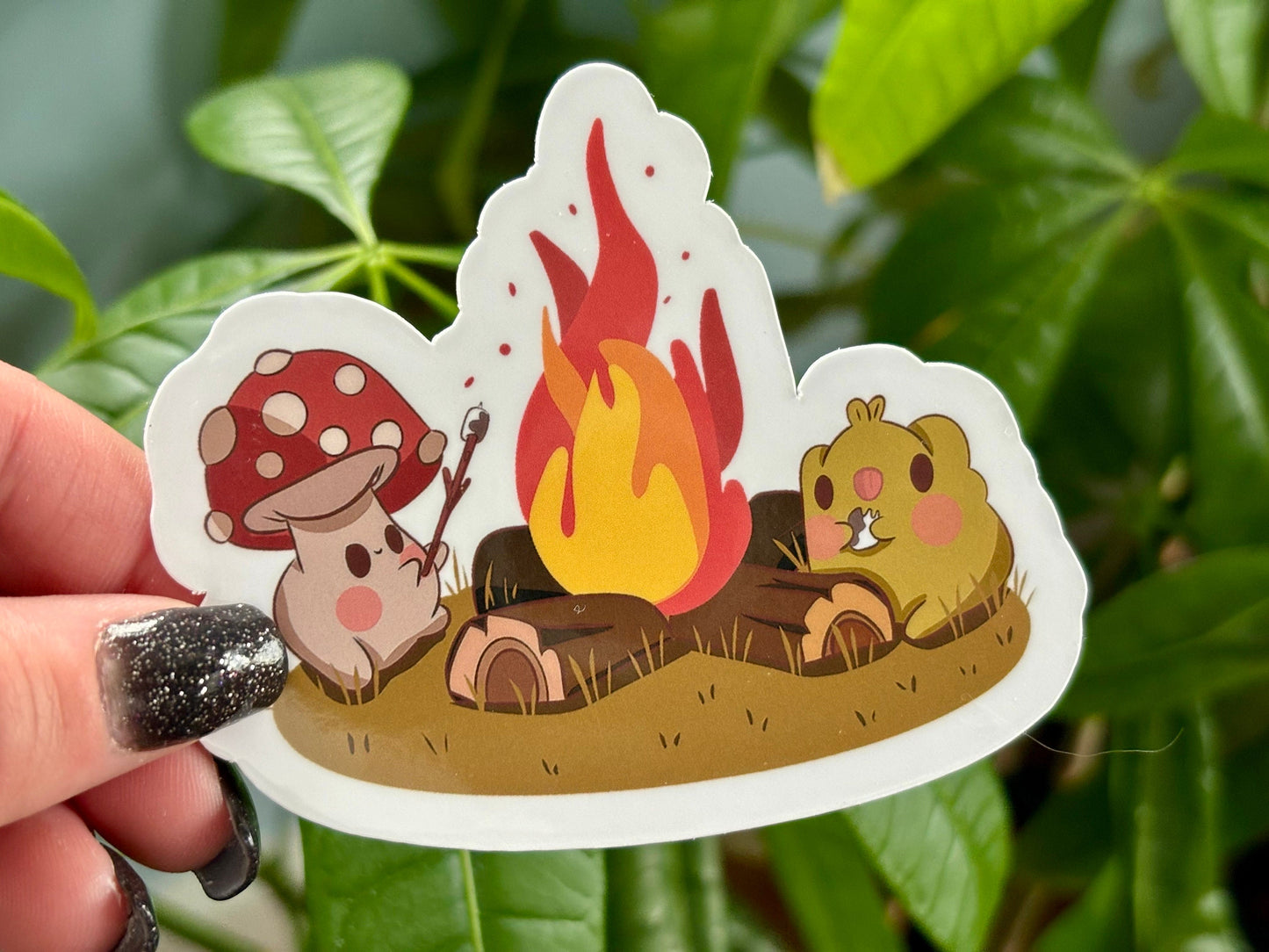 Bonfire Frog and Mushroom Sticker | Cozy Vinyl Waterproof Sticker | Froggy Mushroom Art