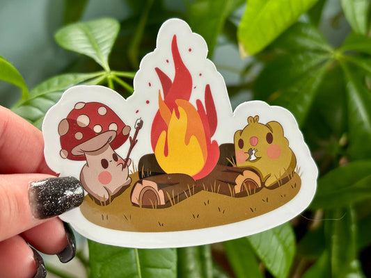 Bonfire Frog and Mushroom Sticker | Cozy Vinyl Waterproof Sticker | Froggy Mushroom Art