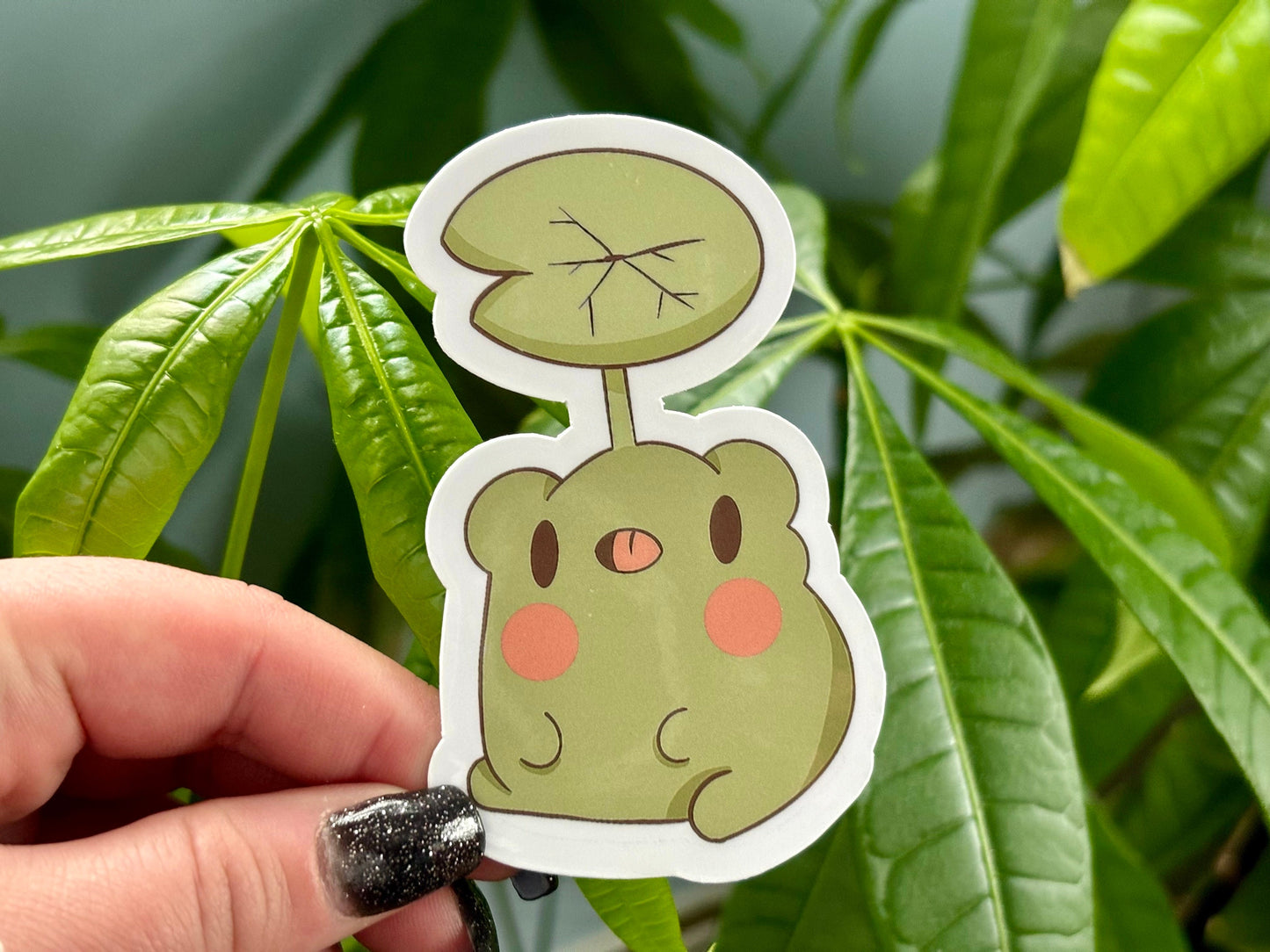 Cute Frog with Plant Hat Sticker | Glossy Waterproof Vinyl Die Cut