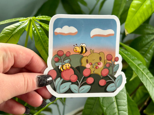 Kawaii Frog & Bumblebee Vinyl Sticker | Flower Field Design