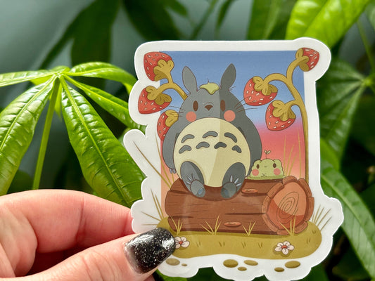 Totoro Vinyl Sticker | Cute Frog & Strawberry, Ghibli Inspired