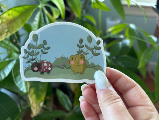 Frog Walking Ladybug Vinyl Sticker | Waterproof Froggy Art