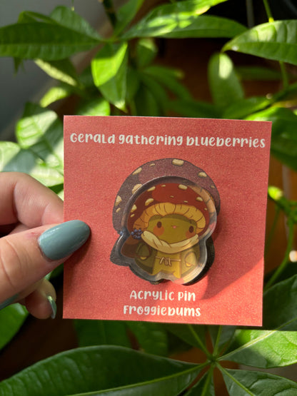 Frog with Mushroom Hat Acrylic Pin – Nature Lover Gift