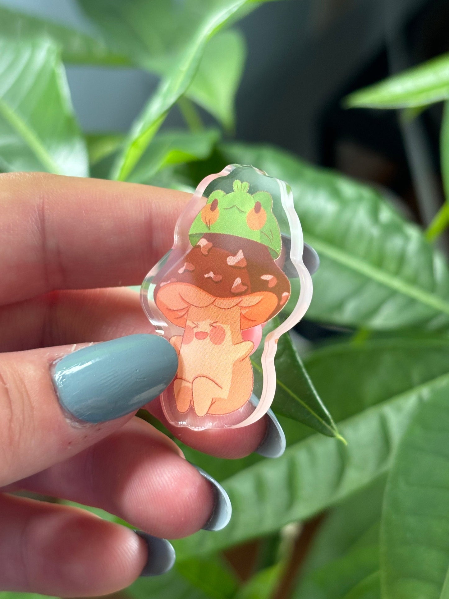 Frog in Mushroom Hat Acrylic Pin | Kawaii Frog Art, Heart Fastener