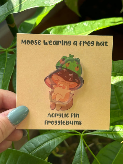 Frog in Mushroom Hat Acrylic Pin | Kawaii Frog Art, Heart Fastener